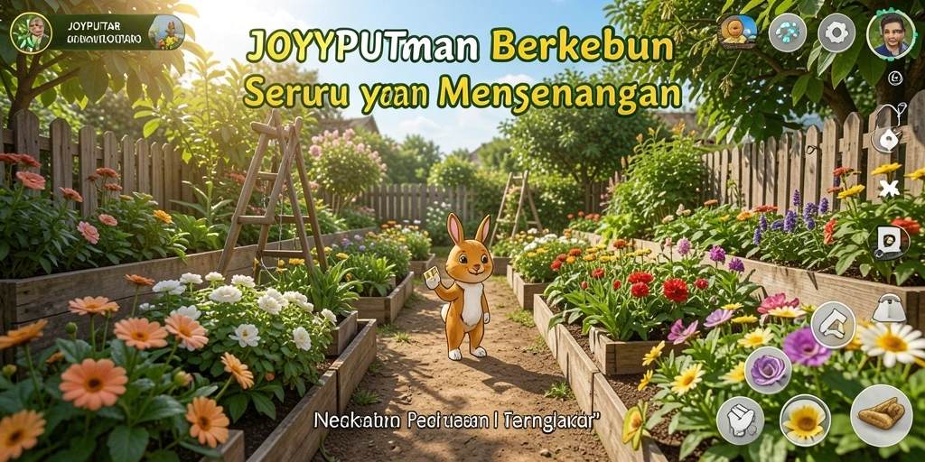 Tampilan gameplay JOYPUTAR dengan ladang yang subur dan tanaman beragam.