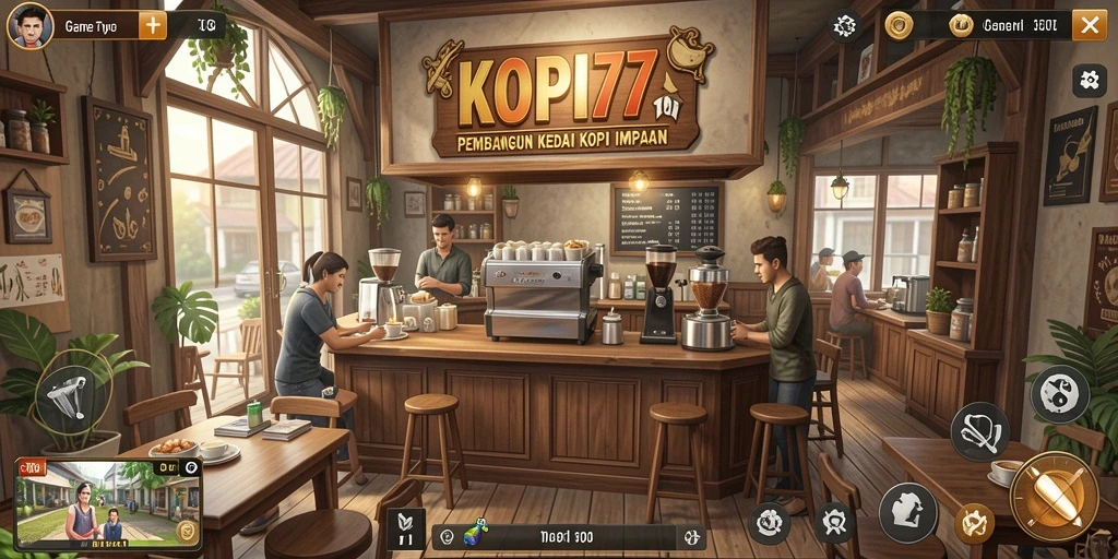 Screenshot gameplay KOPI77 yang menunjukkan kedai kopi yang dikelola dengan baik.